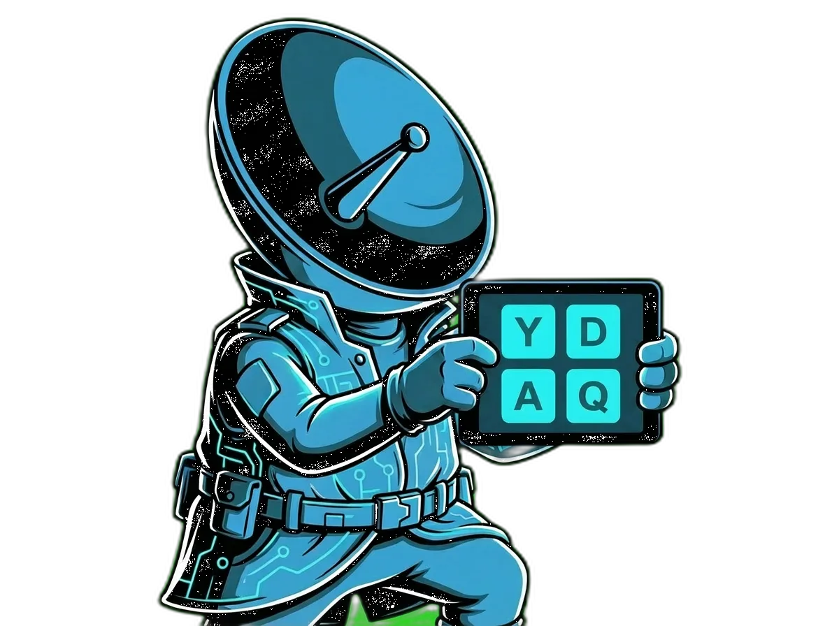 Rover mascot holding a tablet with Y, D, A, Q chord keys on screen