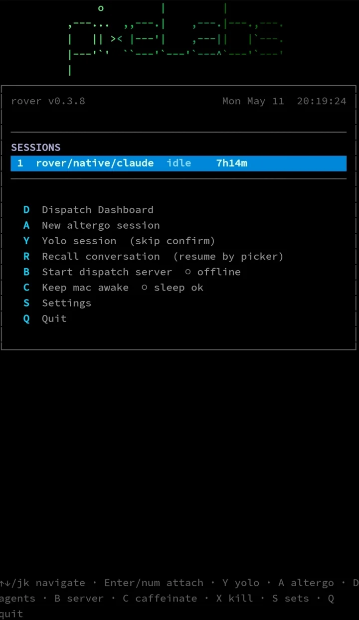 Rover main menu on mobile — Sessions, Dispatch Dashboard, altergo, Yolo