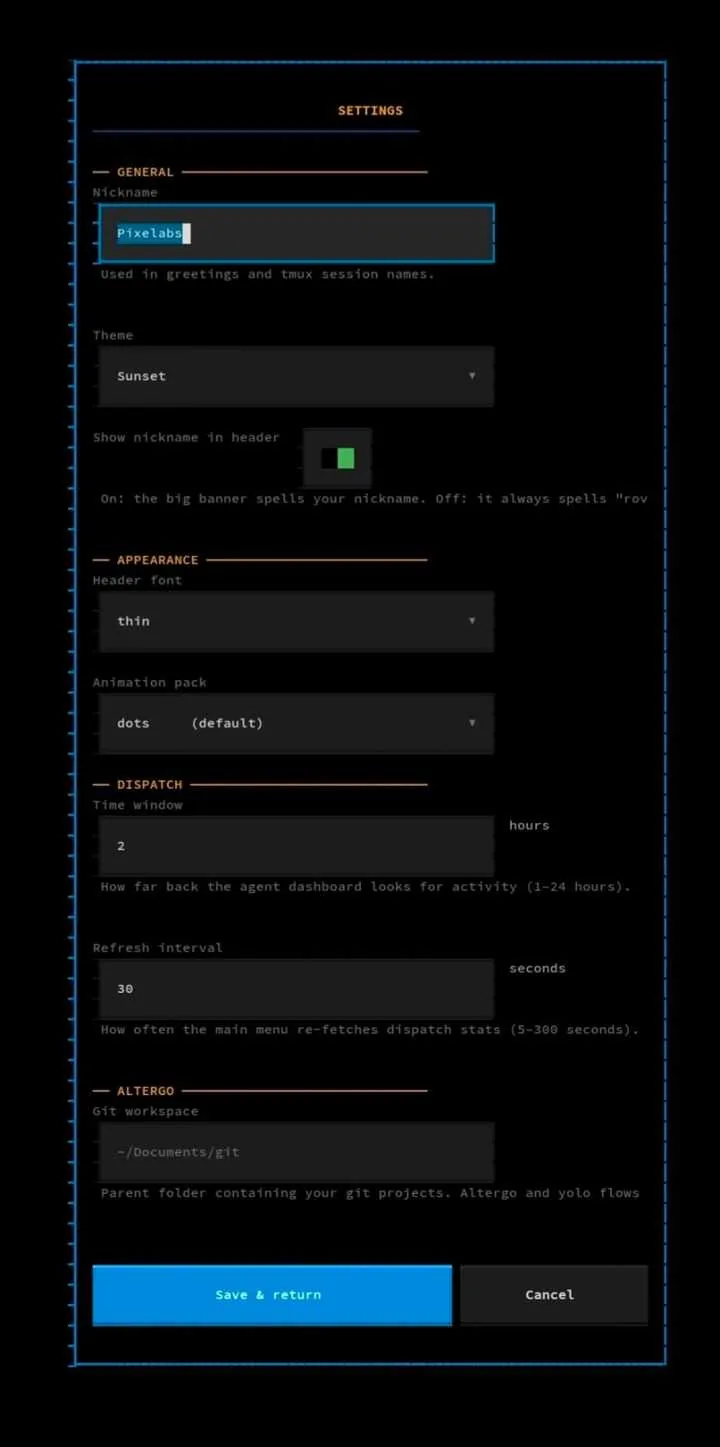Rover Settings screen on mobile — Nickname, Theme, Appearance, Dispatch, altergo
