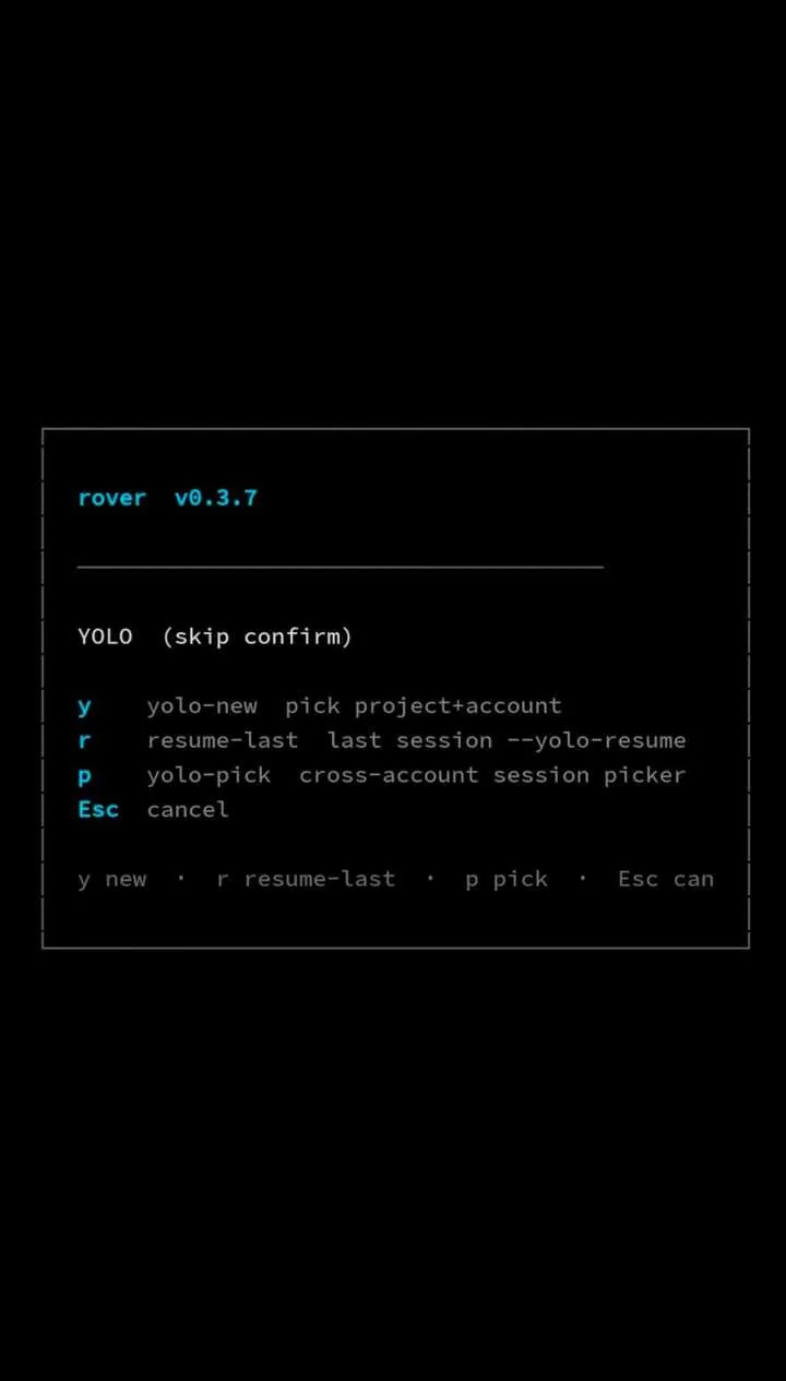 Rover Yolo menu on mobile — yolo-new, resume-last, yolo-pick